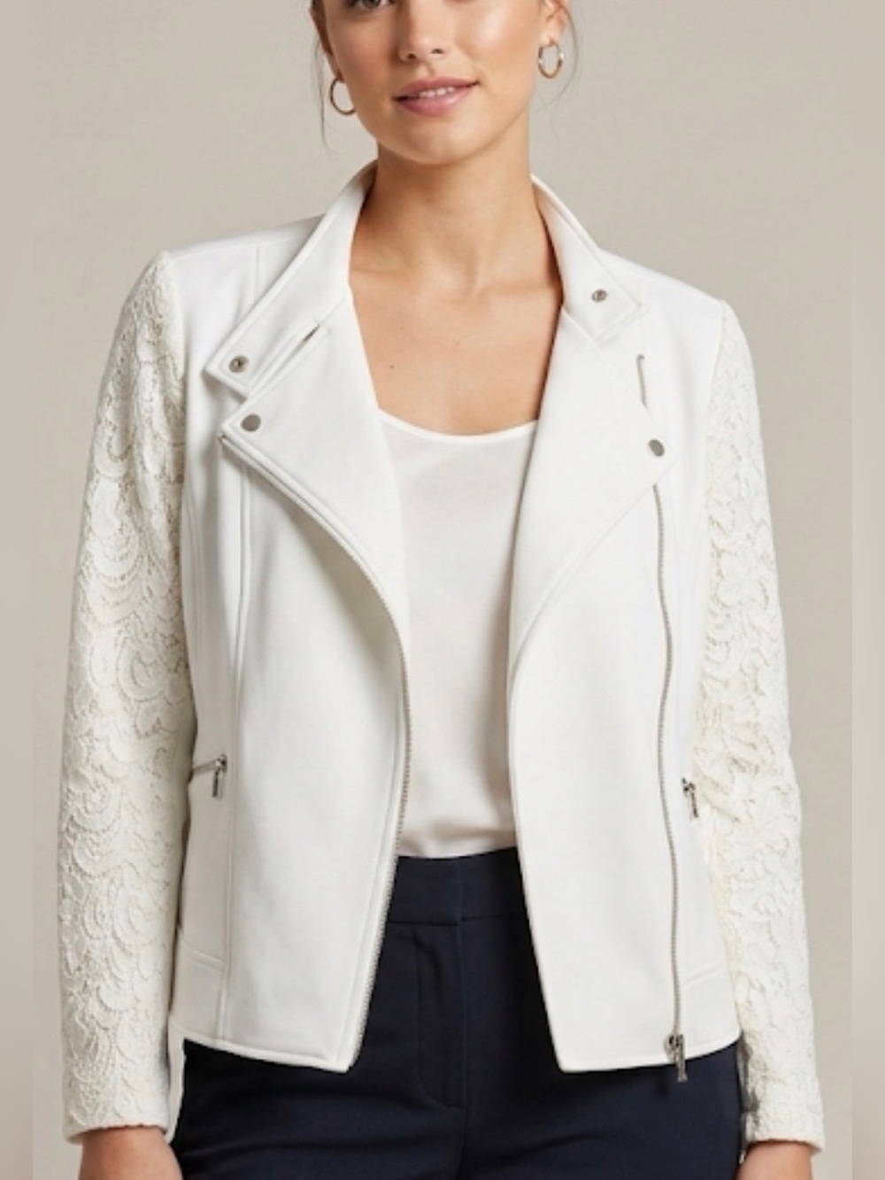 C. Wonder Lace Embellished Sleeve Moto Jacket, Size M